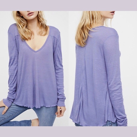NWT $40‎ Free People [ XS ] Rock The Boat Rib Long Sleeve Tee blue/purple - Picture 1 of 14